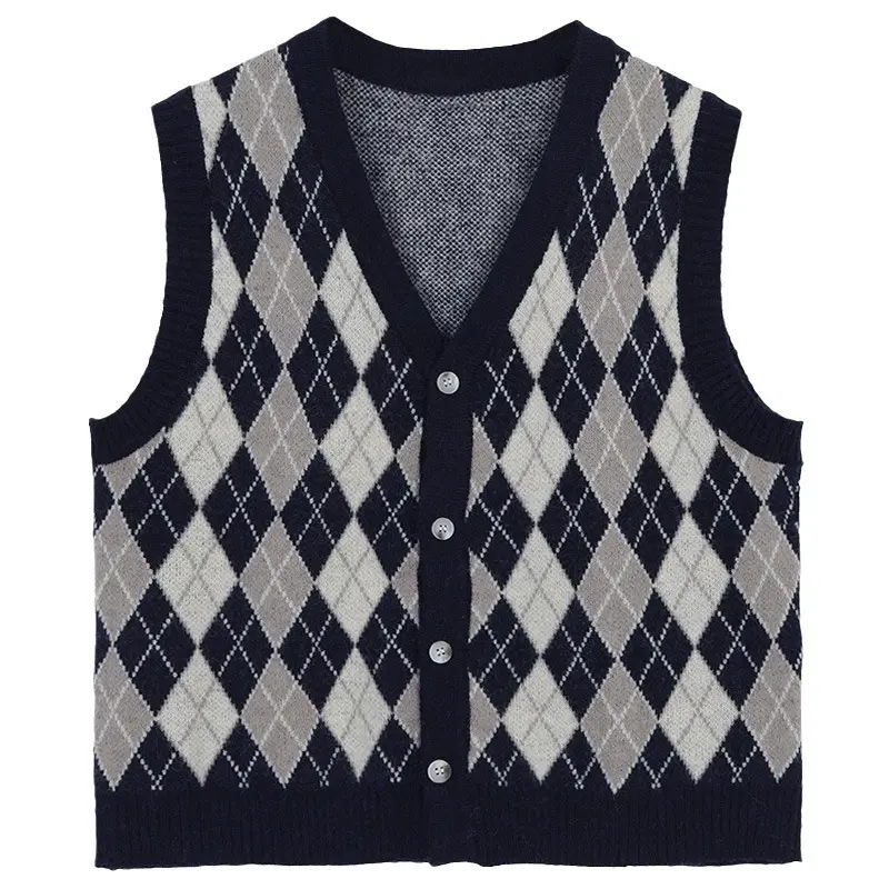 Women's V-Neck Diamond Plaid Knitted Vest - Image 7