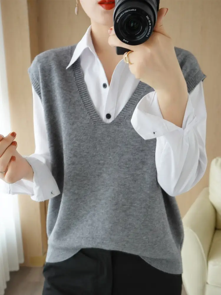 Women's V-Neck Knitted V-Neck Vest Maroon - Image 13