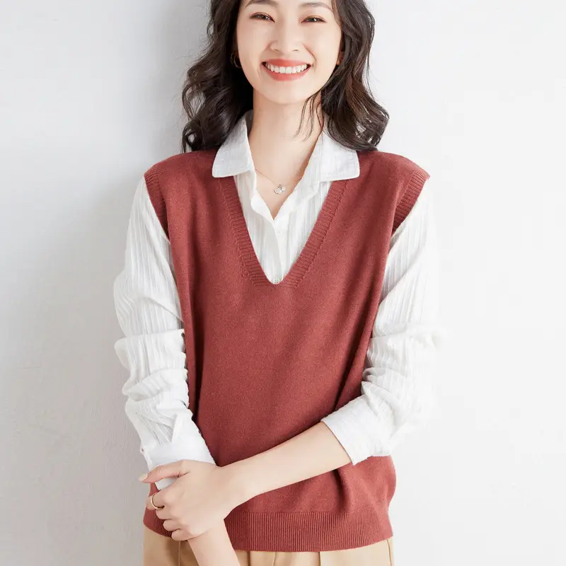 Women's V-Neck Knitted V-Neck Vest Maroon - Image 7