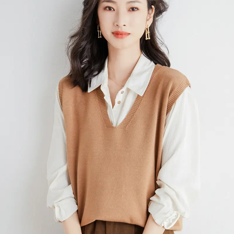 Women's V-Neck Knitted V-Neck Vest Maroon - Image 8