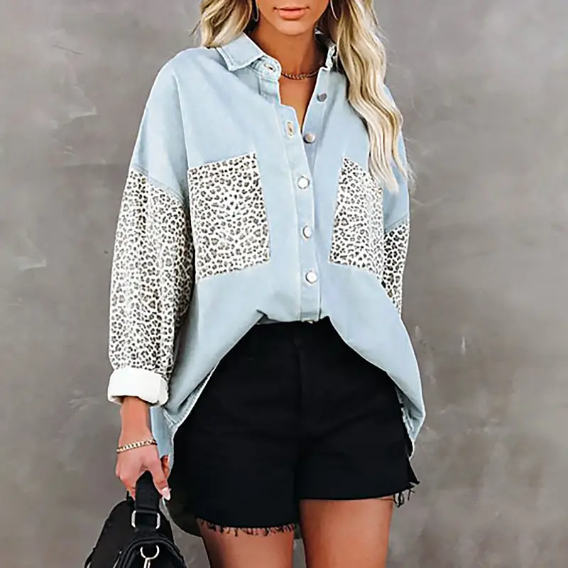 Women's Black Leopard Print Long Sleeve Shirt Coat - Image 3