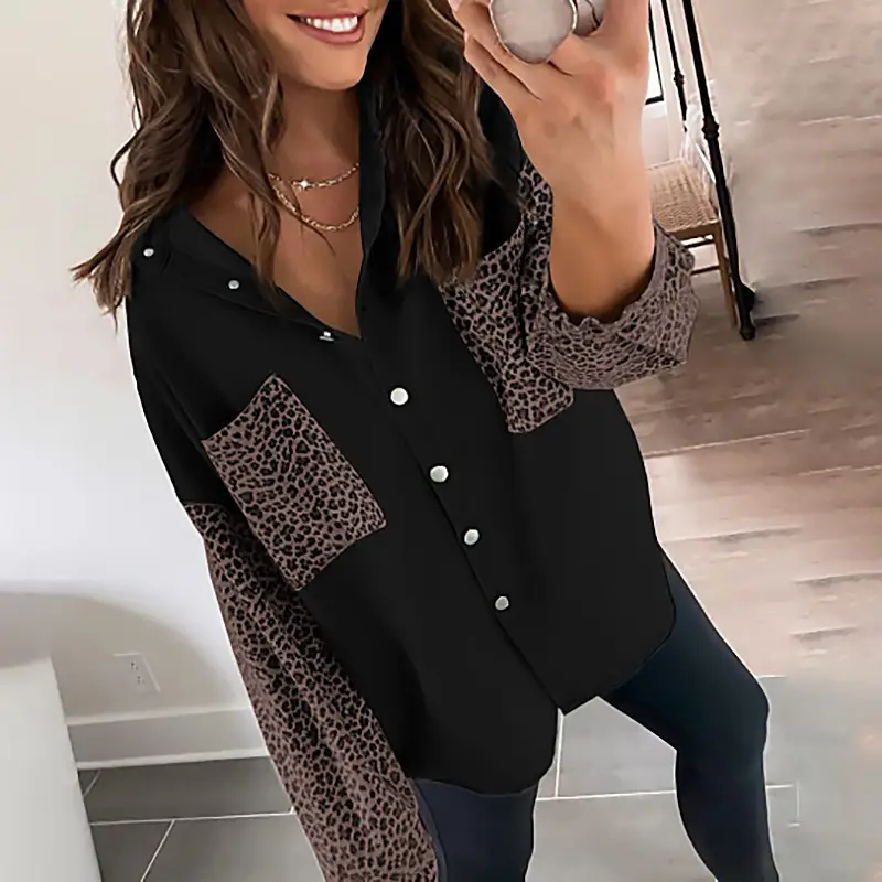Women's Black Leopard Print Long Sleeve Shirt Coat - Image 5