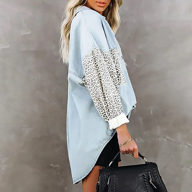 Women's Black Leopard Print Long Sleeve Shirt Coat — feature 45