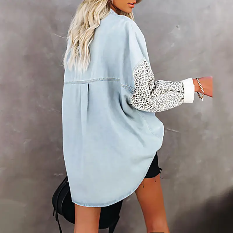 Women's Black Leopard Print Long Sleeve Shirt Coat — feature 46