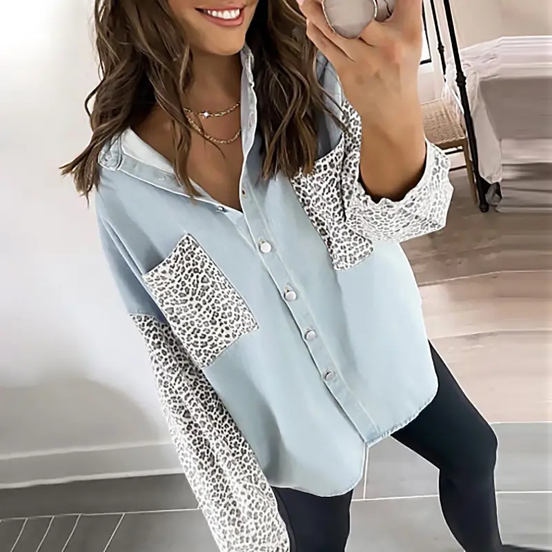 Women's Black Leopard Print Long Sleeve Shirt Coat — feature 47