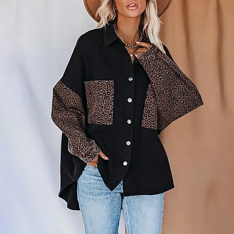 Women's Black Leopard Print Long Sleeve Shirt Coat - Image 2