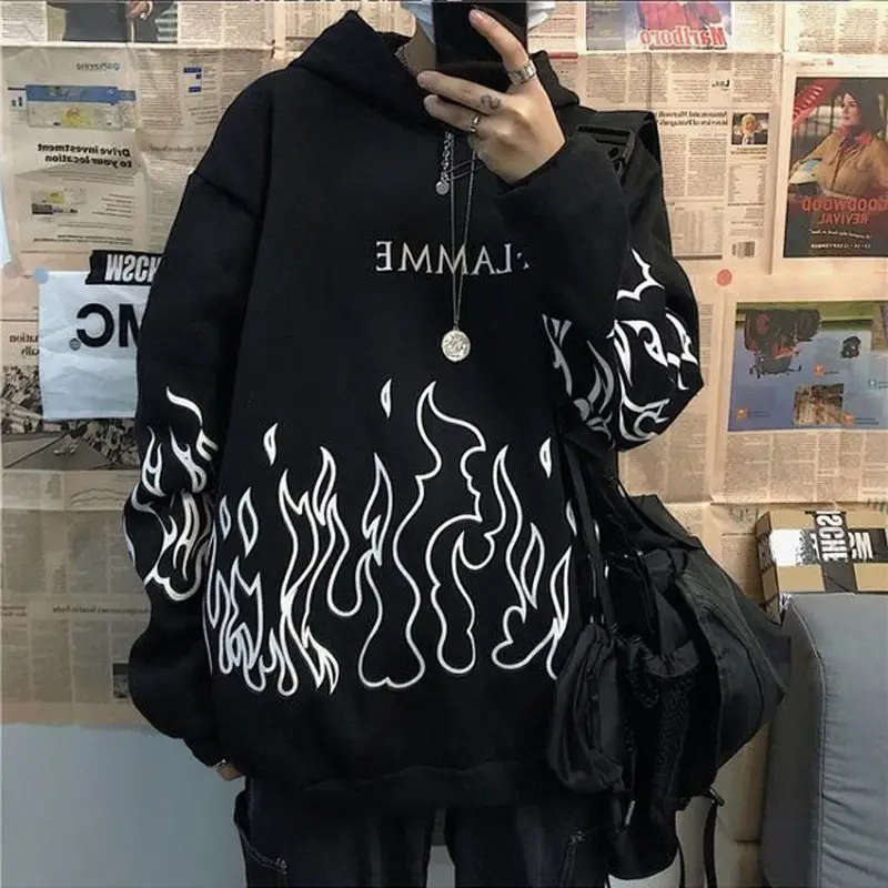 White Fleece Hooded Sweatshirt with Flame Print