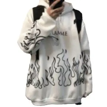 White Fleece Hooded Sweatshirt with Flame Print