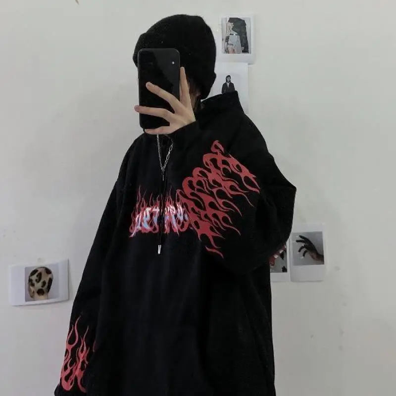White Fleece Hooded Sweatshirt with Flame Print