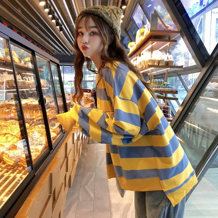 Women Striped Long Sleeve Sweater Blue Pink Round Neck - Image 6