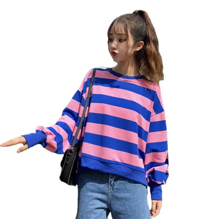 Women Striped Long Sleeve Sweater Blue Pink Round Neck - Image 7