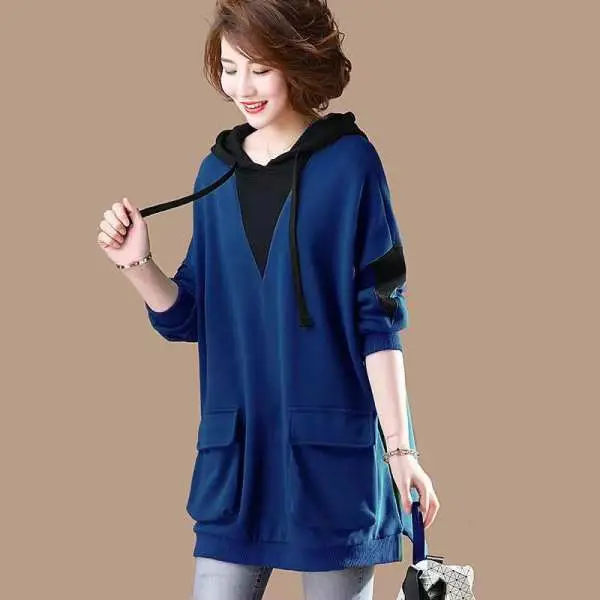 Women Korean Style Hoodie Blue Long Sleeve Plus Size - Image 8