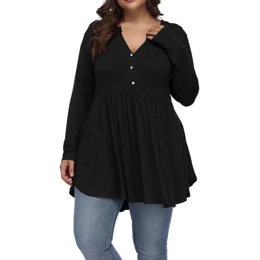 2026 V-Neck Button Pleated Women's T-Shirt Purple Large - Image 15