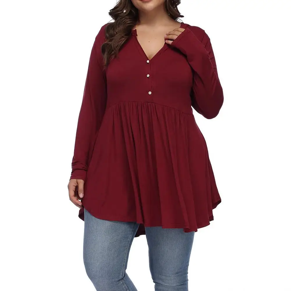 2026 V-Neck Button Pleated Women's T-Shirt Purple Large - Image 16