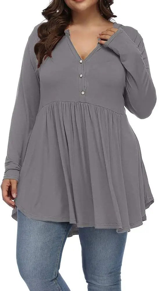 2026 V-Neck Button Pleated Women's T-Shirt Purple Large - Image 11