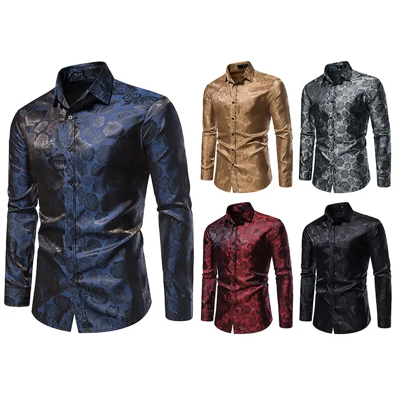 Men Long Sleeve Button Shirt Slim Fit Rose Print - Image 3