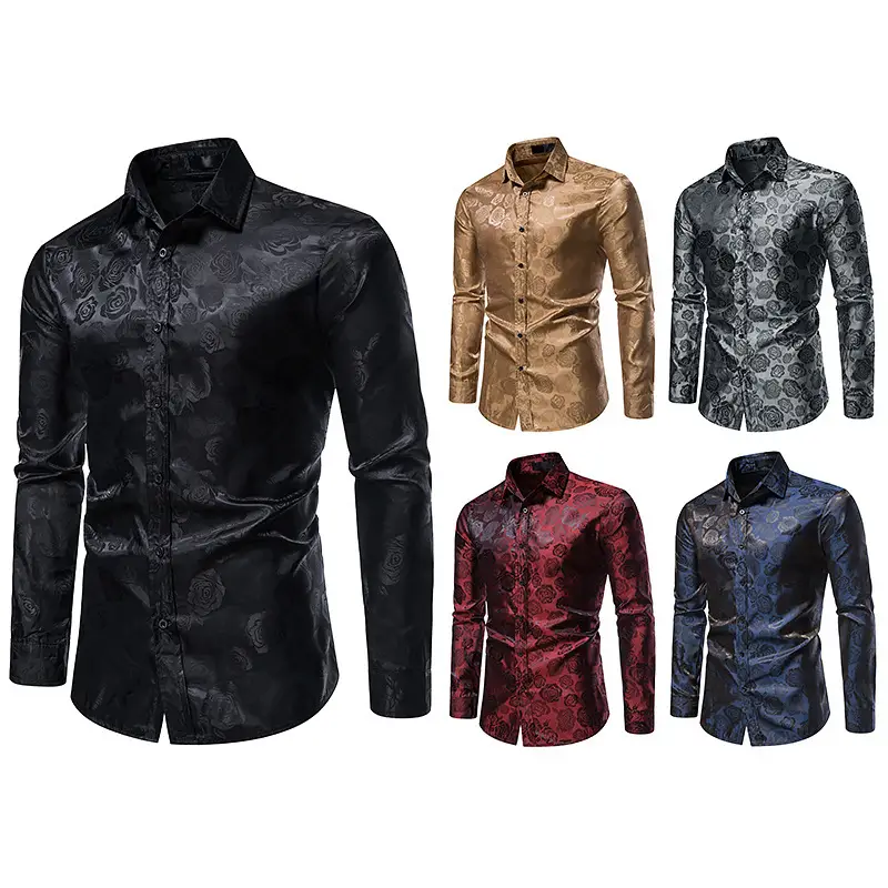 Men Long Sleeve Button Shirt Slim Fit Rose Print - Image 4