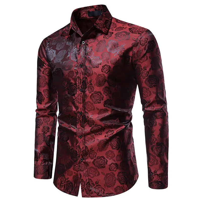 Men Long Sleeve Button Shirt Slim Fit Rose Print — feature 11