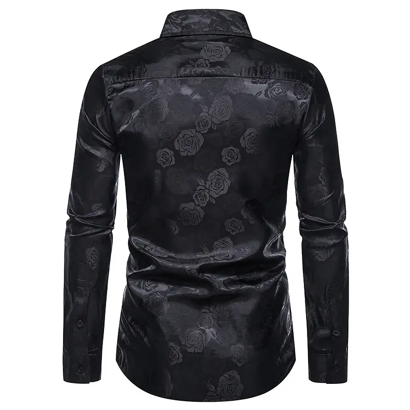 Men Long Sleeve Button Shirt Slim Fit Rose Print — feature 4