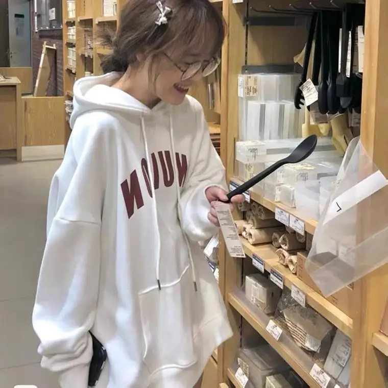 Women Cotton Hooded Sweatshirt White Letter Print - Image 2