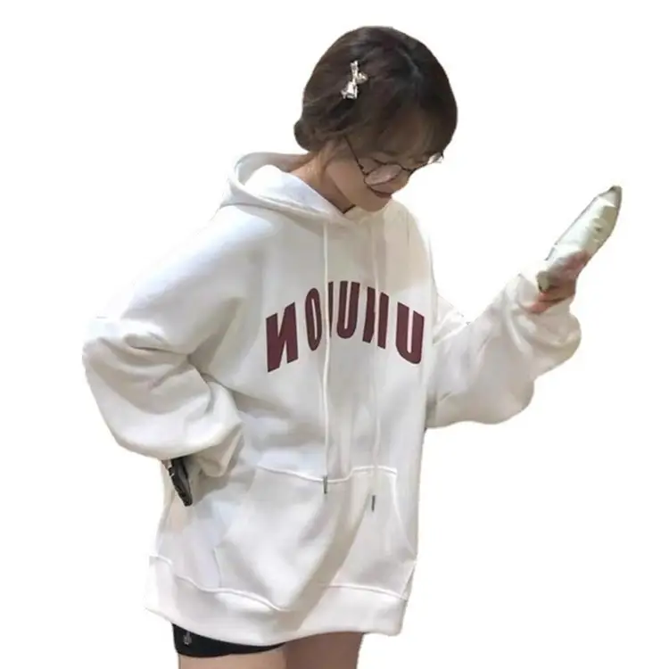 Women Cotton Hooded Sweatshirt White Letter Print - Image 6