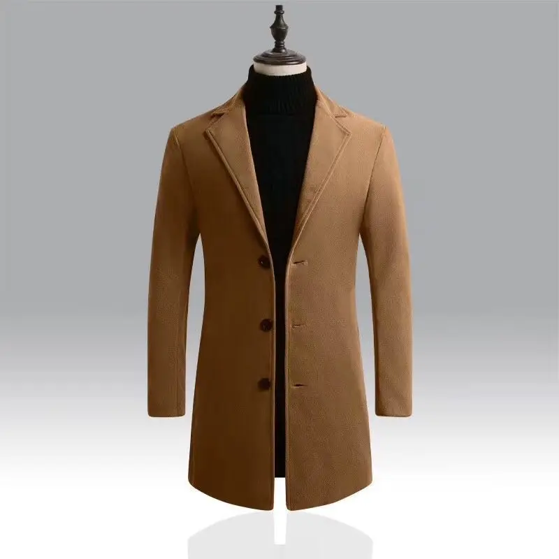 Men Woolen Windbreaker Black Slim Fit Single Breasted