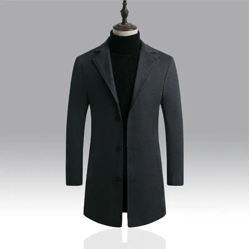 Men Woolen Windbreaker Black Slim Fit Single Breasted - Image 11