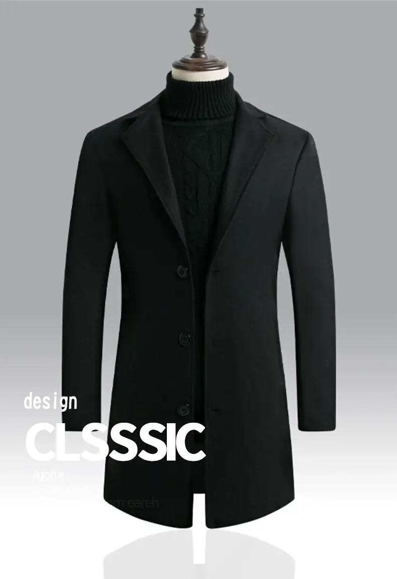 Men Woolen Windbreaker Black Slim Fit Single Breasted — feature 1