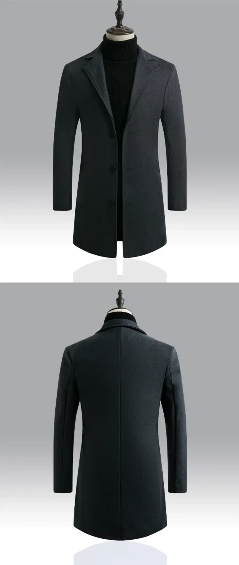 Men Woolen Windbreaker Black Slim Fit Single Breasted — feature 10