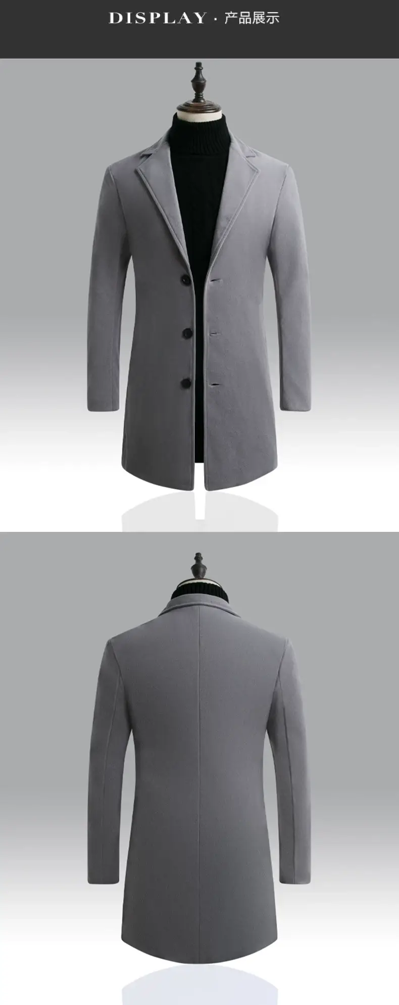 Men Woolen Windbreaker Black Slim Fit Single Breasted — feature 12