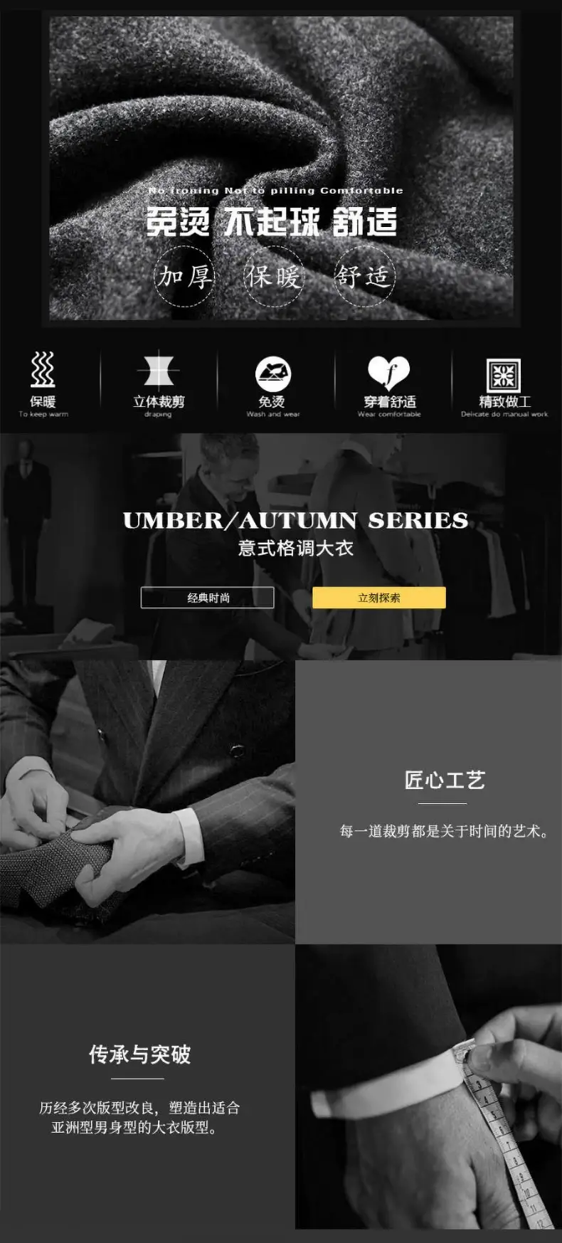Men Woolen Windbreaker Black Slim Fit Single Breasted — feature 2