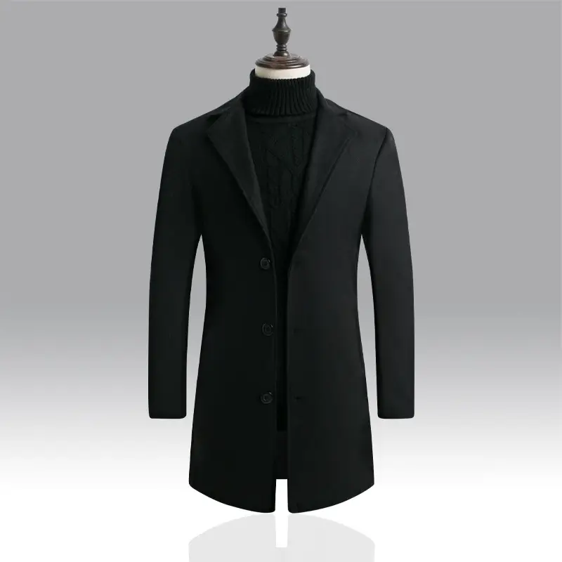 Men Woolen Windbreaker Black Slim Fit Single Breasted - Image 2