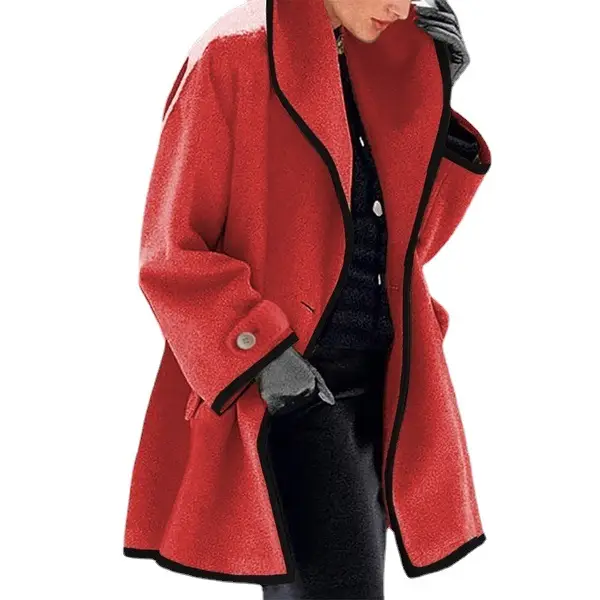 Women Woolen Hooded Coat Blue Black Red Purple Gray - Image 9
