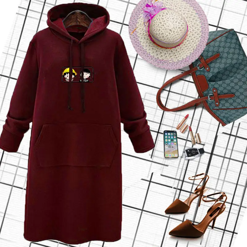 Maroon Hooded Hoodie for Women Large Size Autumn Winter - Image 2