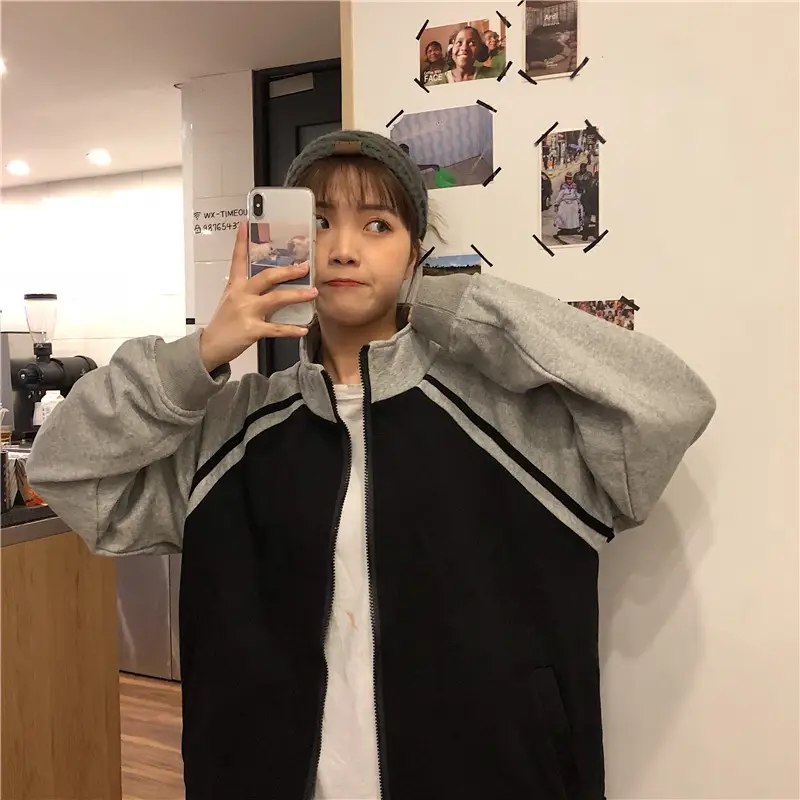 Women Baseball Coat Red Long Sleeve Large Size — feature 3
