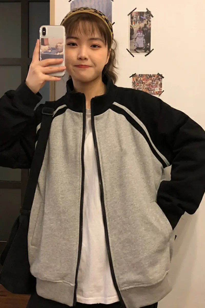 Women Baseball Coat Red Long Sleeve Large Size — feature 32