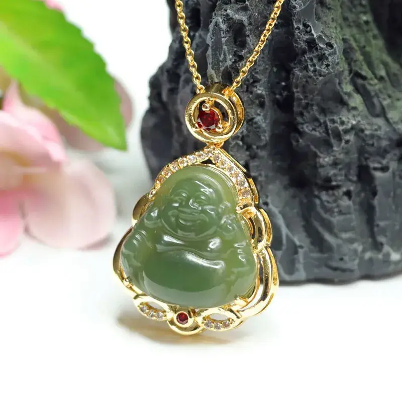 Jadeite Maitreya Buddha Necklace with Gold Plating - Image 3