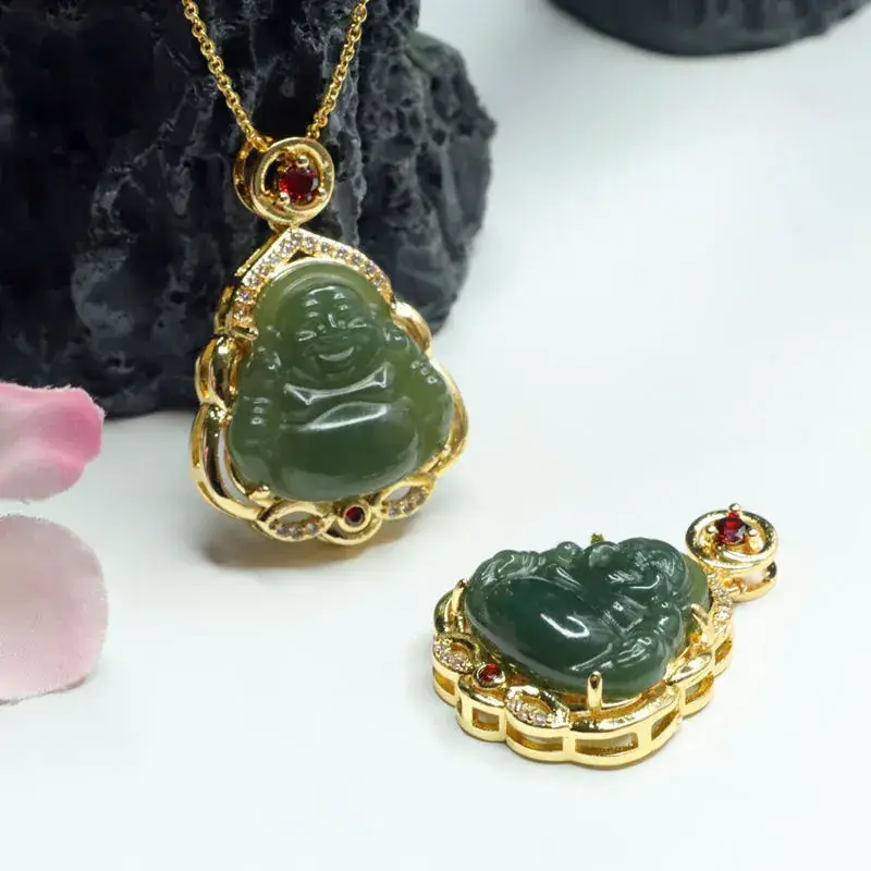 Jadeite Maitreya Buddha Necklace with Gold Plating - Image 5
