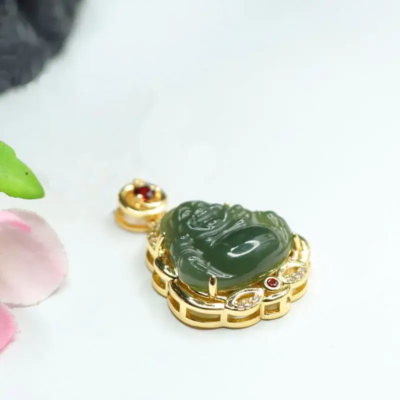 Jadeite Maitreya Buddha Necklace with Gold Plating — feature 11