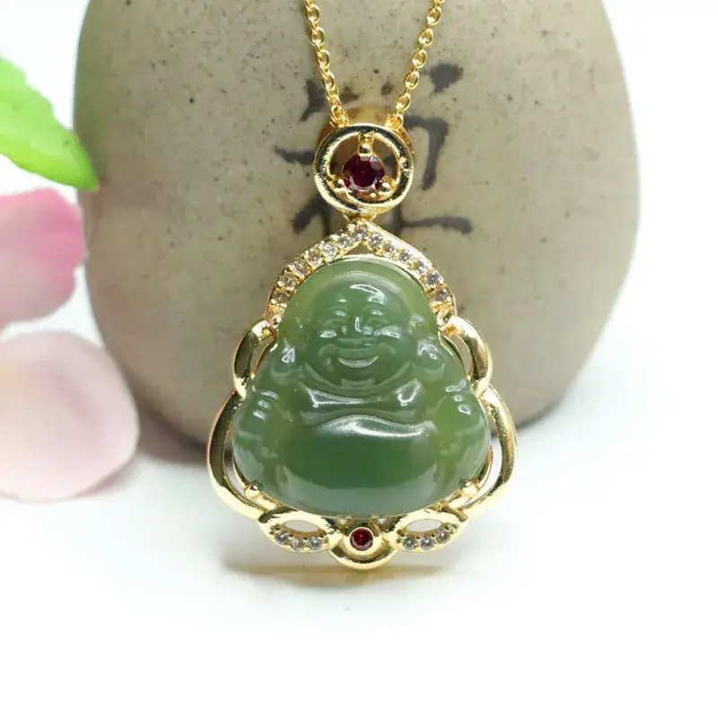 Jadeite Maitreya Buddha Necklace with Gold Plating — feature 4