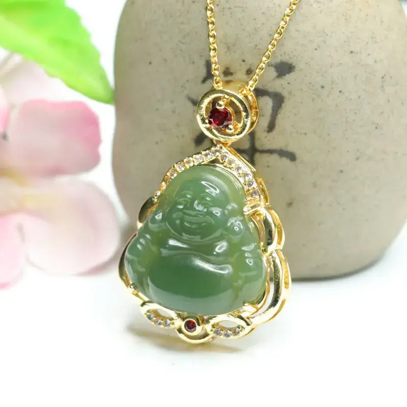Jadeite Maitreya Buddha Necklace with Gold Plating — feature 5
