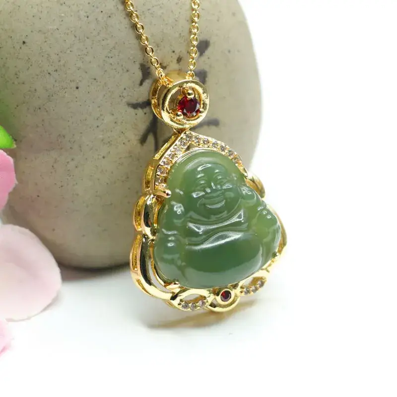 Jadeite Maitreya Buddha Necklace with Gold Plating — feature 6