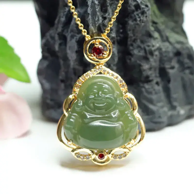Jadeite Maitreya Buddha Necklace with Gold Plating — feature 7