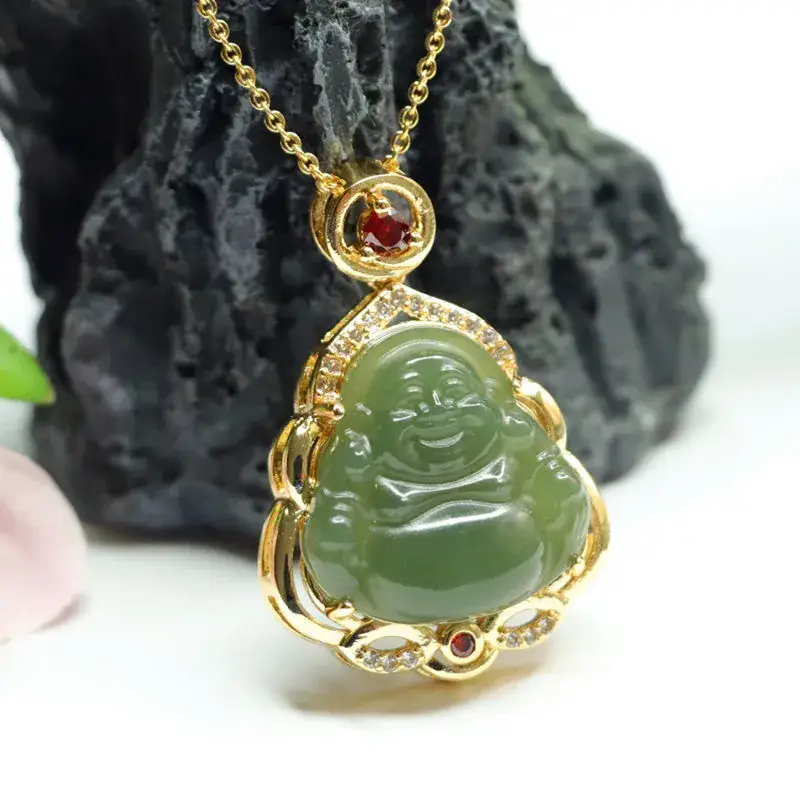 Jadeite Maitreya Buddha Necklace with Gold Plating — feature 8