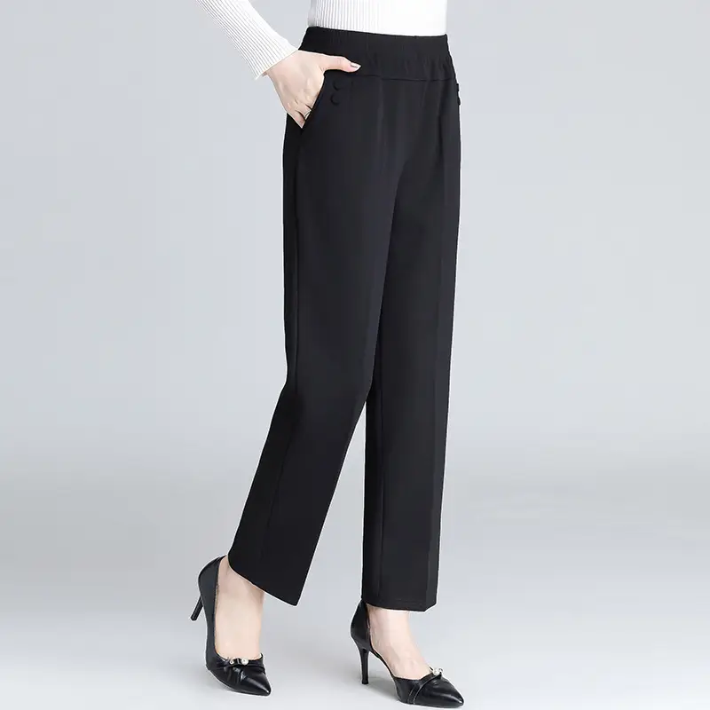 Middle-Aged Elastic High-Waist Mom Pants Black - Image 5