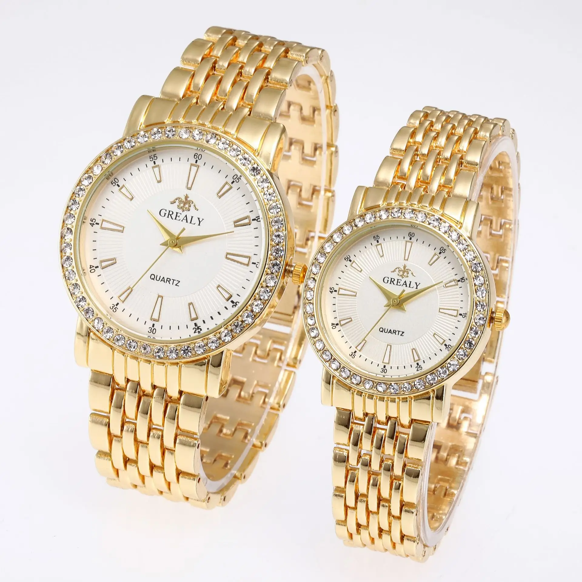 Couple Quartz Watches Gold Silver Diamond Band Set