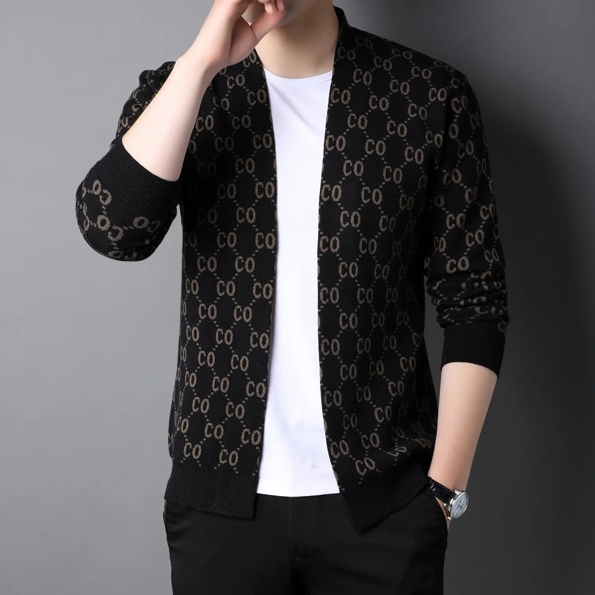 Men's Jacquard Knitted Cardigan Jacket Brown White - Image 5