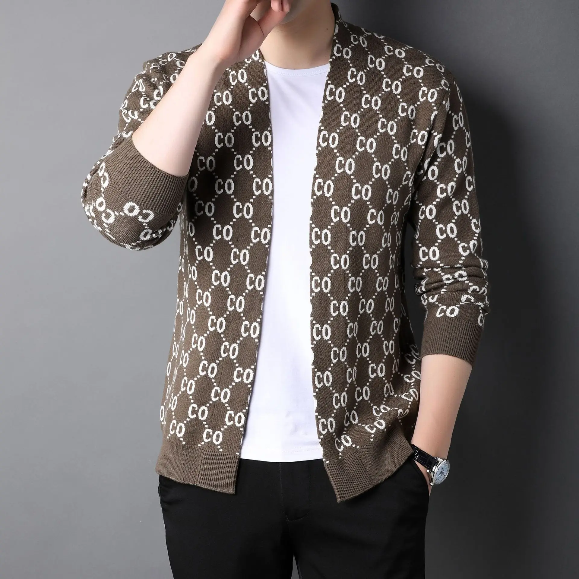 Men's Jacquard Knitted Cardigan Jacket Brown White - Image 6