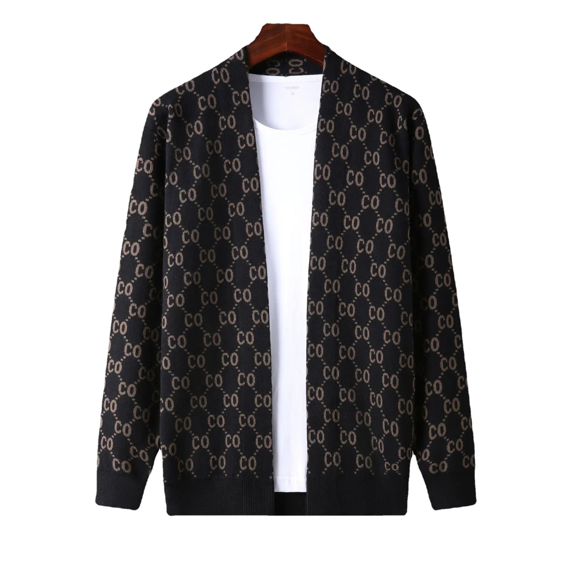 Men's Jacquard Knitted Cardigan Jacket Brown White - Image 7