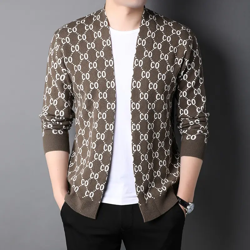 Men's Jacquard Knitted Cardigan Jacket Brown White - Image 2